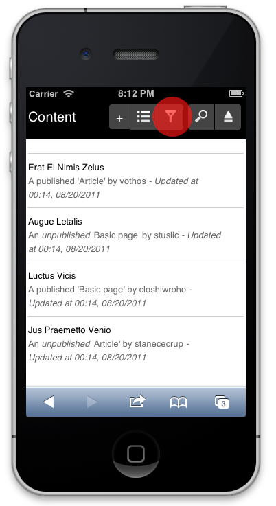 Screen shot of content listing page on an iPhone